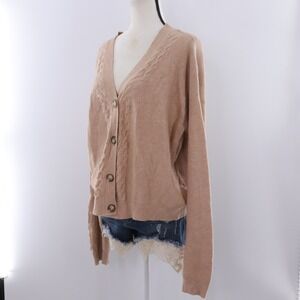 Cyrus Women's Tan Cable Knit Button‎ Up V Neck Long Sleeve Cardigan Sweater XL